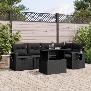 Set mobilier de grădină cu perne, 6 piese, negru, poliratan