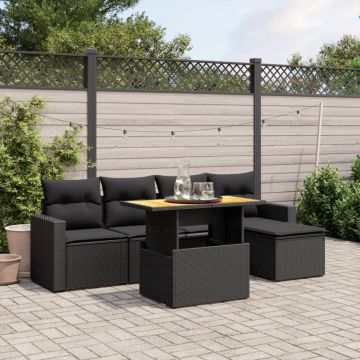 Set mobilier de grădină cu perne, 6 piese, negru, poliratan