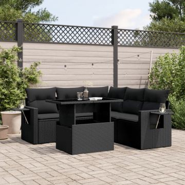 Set mobilier de grădină cu perne, 6 piese, negru, poliratan