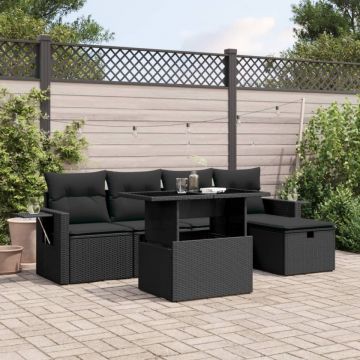 Set mobilier de grădină cu perne, 6 piese, negru, poliratan