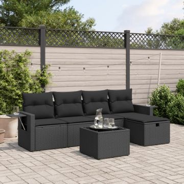 Set mobilier de grădină cu perne, 6 piese, negru, poliratan