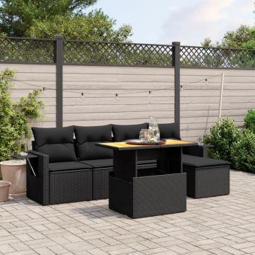 Set mobilier de grădină cu perne, 6 piese, negru, poliratan