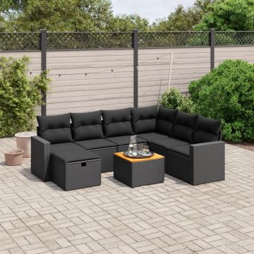 Set mobilier de grădină cu perne, 8 piese, negru, poliratan