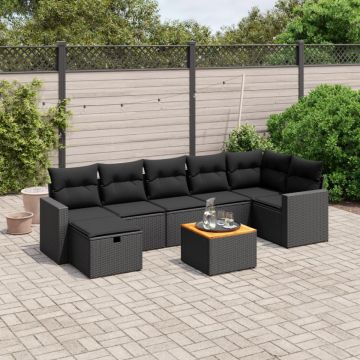 Set mobilier de grădină cu perne, 8 piese, negru, poliratan