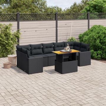 Set mobilier de grădină cu perne, 8 piese, negru, poliratan