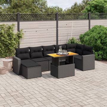 Set mobilier de grădină cu perne, 8 piese, negru, poliratan