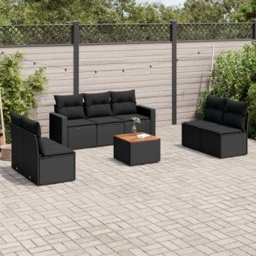 Set mobilier de grădină cu perne, 8 piese, negru, poliratan