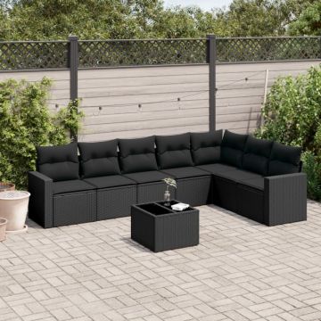 Set mobilier de grădină cu perne, 8 piese, negru, poliratan