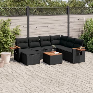 Set mobilier de grădină cu perne, 8 piese, negru, poliratan