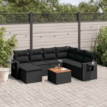 Set mobilier de grădină cu perne, 8 piese, negru, poliratan