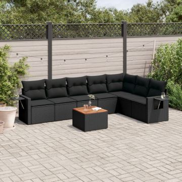 Set mobilier de grădină cu perne, 8 piese, negru, poliratan