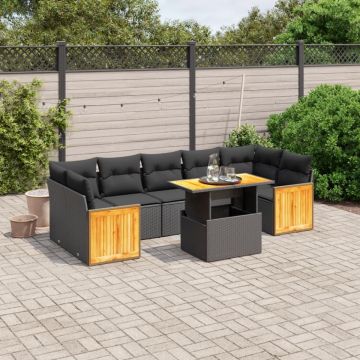 Set mobilier de grădină cu perne, 8 piese, negru, poliratan