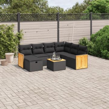 Set mobilier de grădină cu perne, 8 piese, negru, poliratan