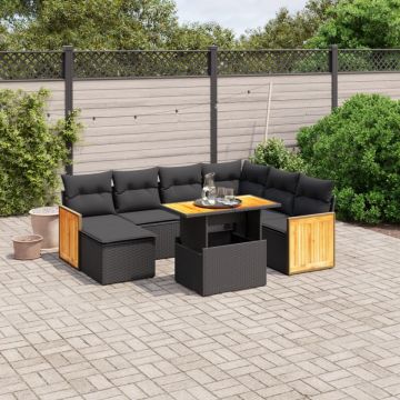 Set mobilier de grădină cu perne, 8 piese, negru, poliratan