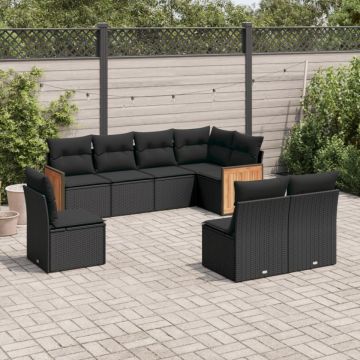 Set mobilier de grădină cu perne, 8 piese, negru, poliratan