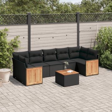 Set mobilier de grădină cu perne, 8 piese, negru, poliratan