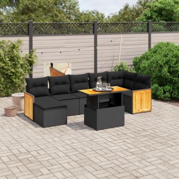 Set mobilier de grădină cu perne, 8 piese, negru, poliratan