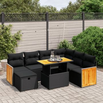 Set mobilier de grădină cu perne, 8 piese, negru, poliratan