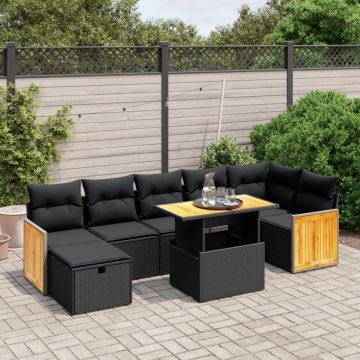 Set mobilier de grădină cu perne, 8 piese, negru, poliratan