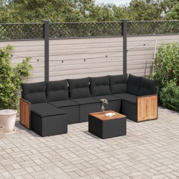 Set mobilier de grădină cu perne, 8 piese, negru, poliratan