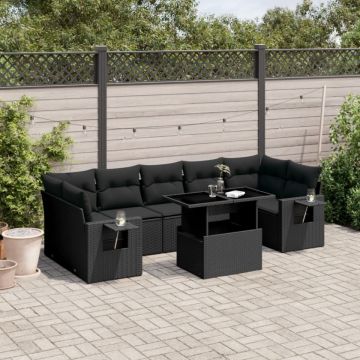 Set mobilier de grădină cu perne, 8 piese, negru, poliratan