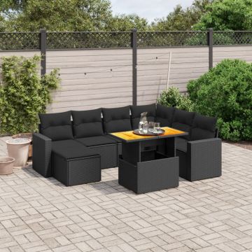 Set mobilier de grădină cu perne, 8 piese, negru, poliratan