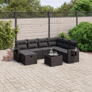 Set mobilier de grădină cu perne, 8 piese, negru, poliratan