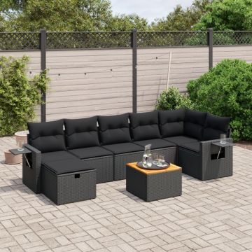 Set mobilier de grădină cu perne, 8 piese, negru, poliratan