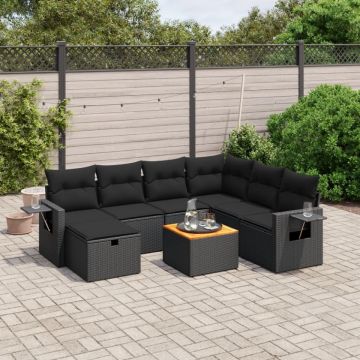 Set mobilier de grădină cu perne, 8 piese, negru, poliratan