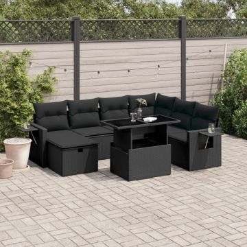 Set mobilier de grădină cu perne, 8 piese, negru, poliratan