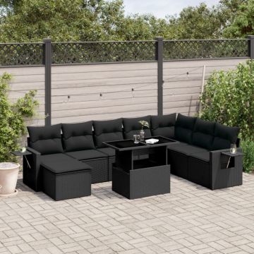 Set mobilier de grădină cu perne, 8 piese, negru, poliratan