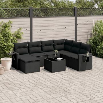 Set mobilier de grădină cu perne, 8 piese, negru, poliratan