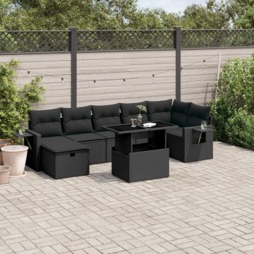 Set mobilier de grădină cu perne, 8 piese, negru, poliratan