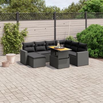 Set mobilier de grădină cu perne, 8 piese, negru, poliratan