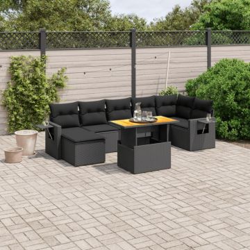 Set mobilier de grădină cu perne, 8 piese, negru, poliratan