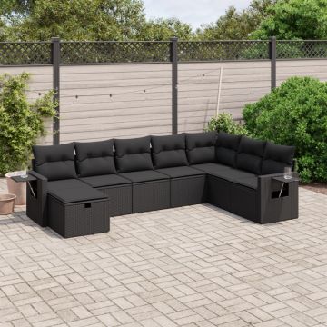 Set mobilier de grădină cu perne, 8 piese, negru, poliratan