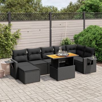 Set mobilier de grădină cu perne, 8 piese, negru, poliratan