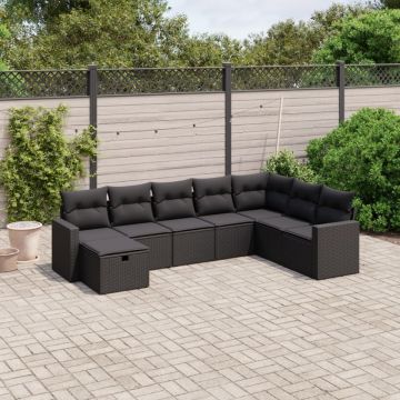 Set mobilier de grădină cu perne, 8 piese, negru, poliratan