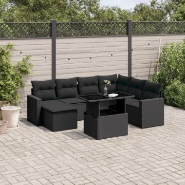 Set mobilier de grădină cu perne, 8 piese, negru, poliratan