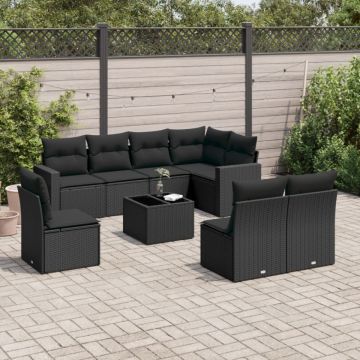 Set mobilier de grădină cu perne, 9 piese, negru, poliratan