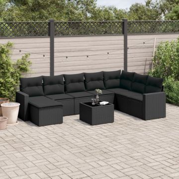 Set mobilier de grădină cu perne, 9 piese, negru, poliratan