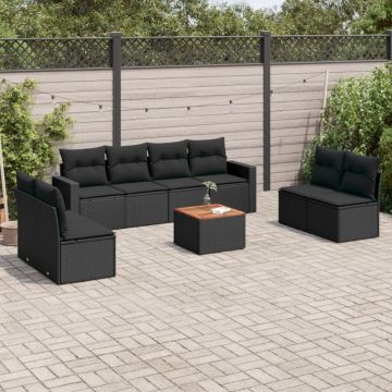 Set mobilier de grădină cu perne, 9 piese, negru, poliratan