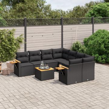 Set mobilier de grădină cu perne, 9 piese, negru, poliratan