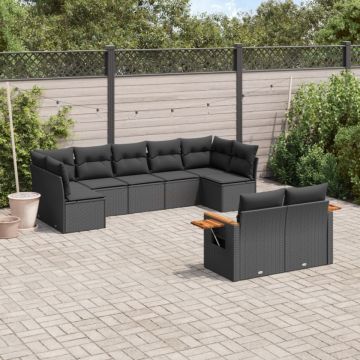 Set mobilier de grădină cu perne, 9 piese, negru, poliratan