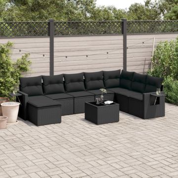 Set mobilier de grădină cu perne, 9 piese, negru, poliratan