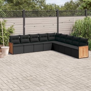 Set mobilier de grădină cu perne, 9 piese, negru, poliratan