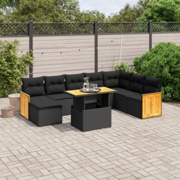 Set mobilier de grădină cu perne, 9 piese, negru, poliratan