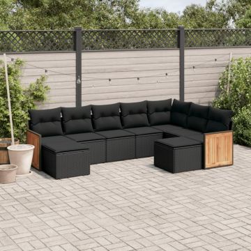 Set mobilier de grădină cu perne, 9 piese, negru, poliratan