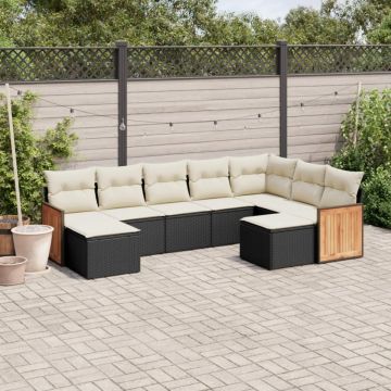 Set mobilier de grădină cu perne, 9 piese, negru, poliratan