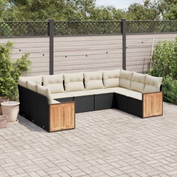 Set mobilier de grădină cu perne, 9 piese, negru, poliratan